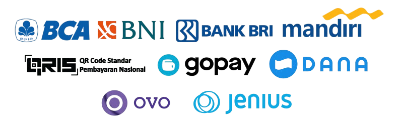 Bank BCA, Bank BNI, Bank BRI, Bank Mandiri, Ewallet Qris, Ewallet Gopay, Ewallet Dana, Ewallet Ovo, Ewallet